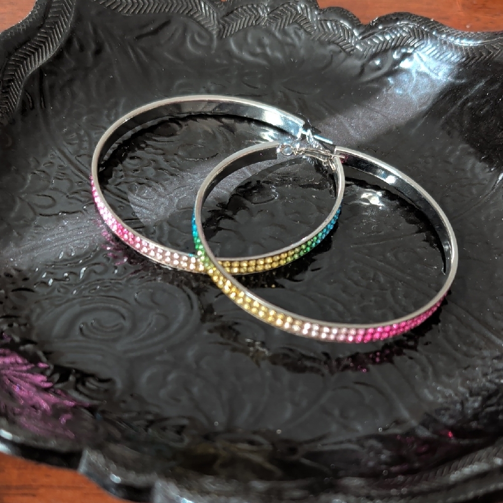 Silver Hoop Earrings with Pink and Yellow Crystal Accents